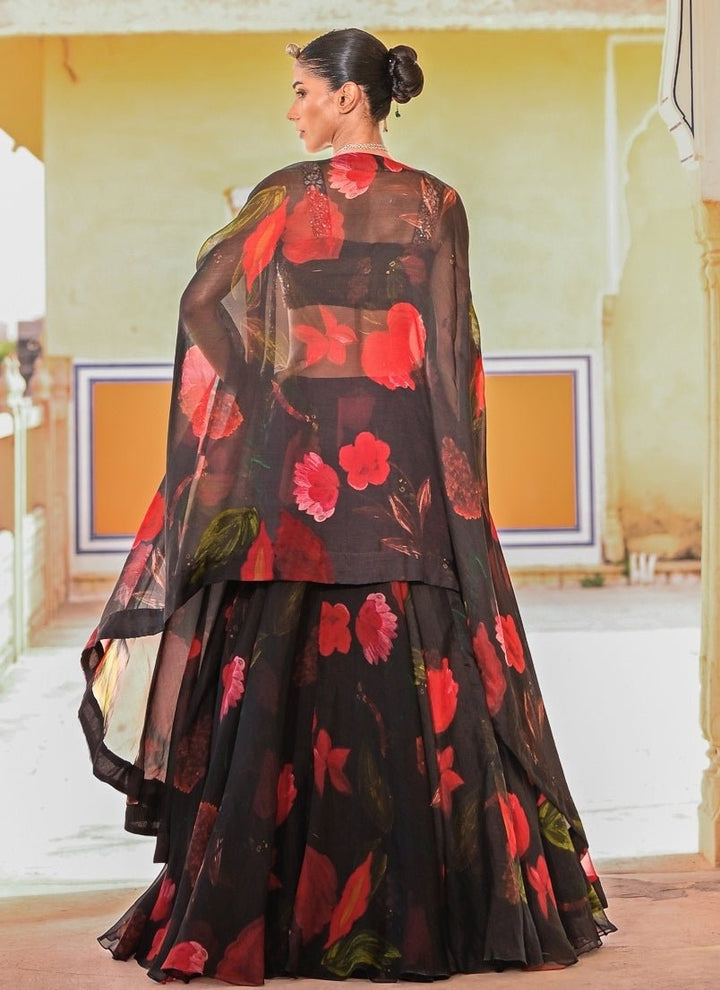 Juhi Bengani Black Printed Organza Lehenga Set With CapeFabilicious Fashion