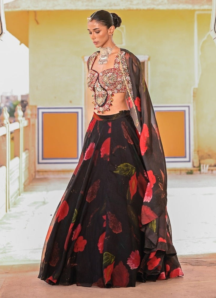 Juhi Bengani Black Printed Organza Lehenga Set With CapeFabilicious Fashion