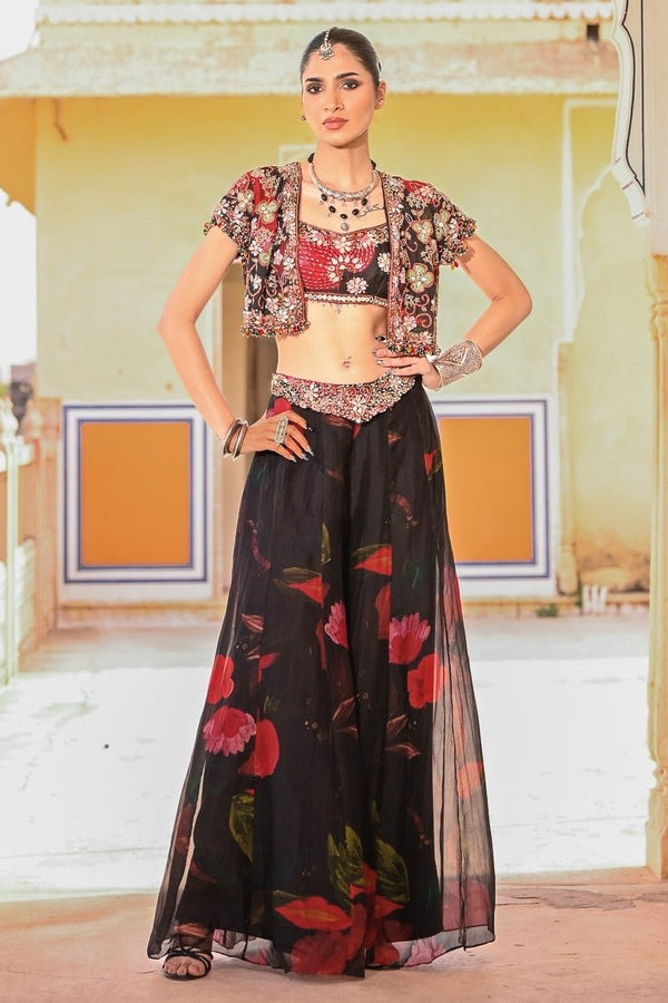 Juhi Bengani black printed organza pants set with jacket, a post wedding party indowestern outfit for wedding guests