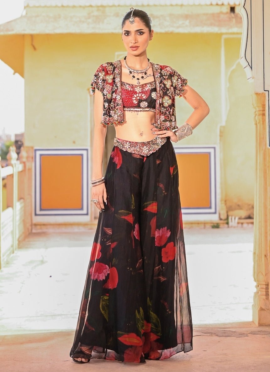 Juhi Bengani Black Printed Organza Pants Set With JacketFabilicious Fashion