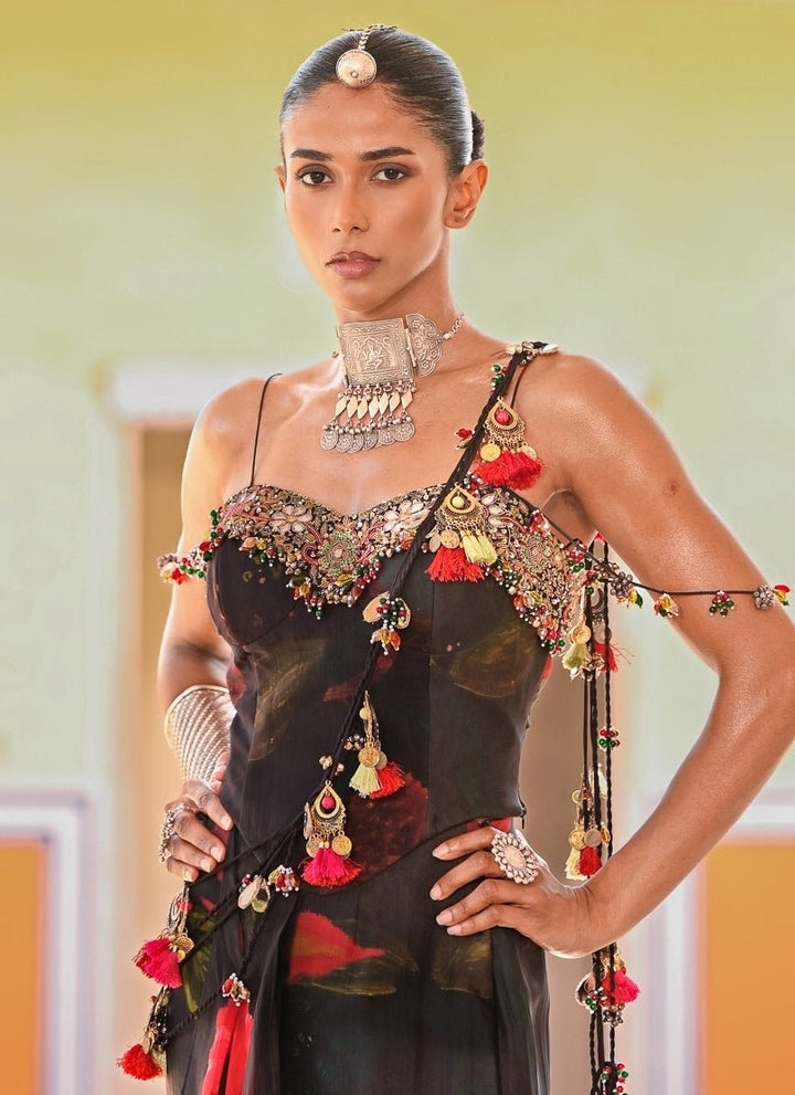 Juhi Bengani Black Printed Organza Pre-Draped Saree With CorsetFabilicious Fashion