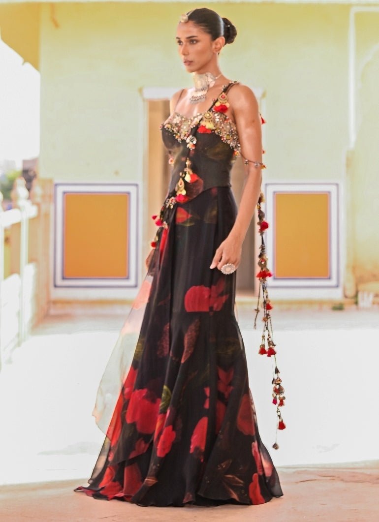 Juhi Bengani Black Printed Organza Pre-Draped Saree With CorsetFabilicious Fashion