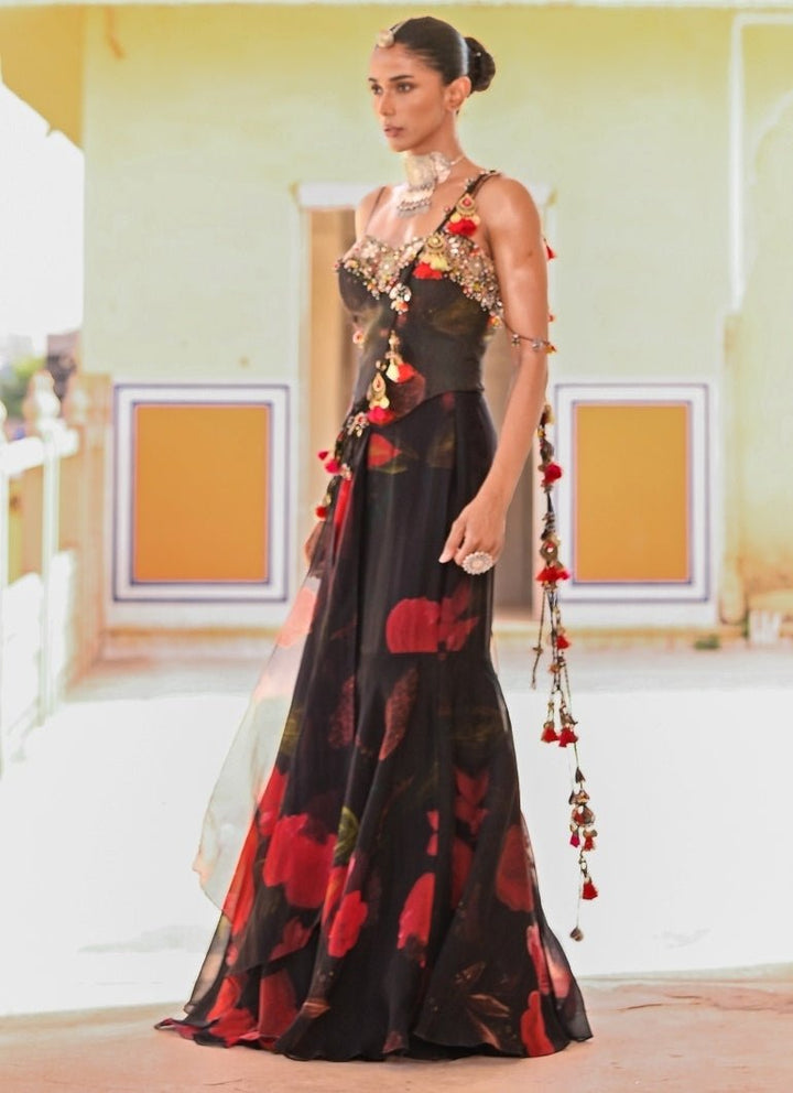 Juhi Bengani Black Printed Organza Pre-Draped Saree With CorsetFabilicious Fashion