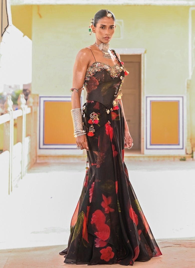 Juhi Bengani Black Printed Organza Pre-Draped Saree With CorsetFabilicious Fashion