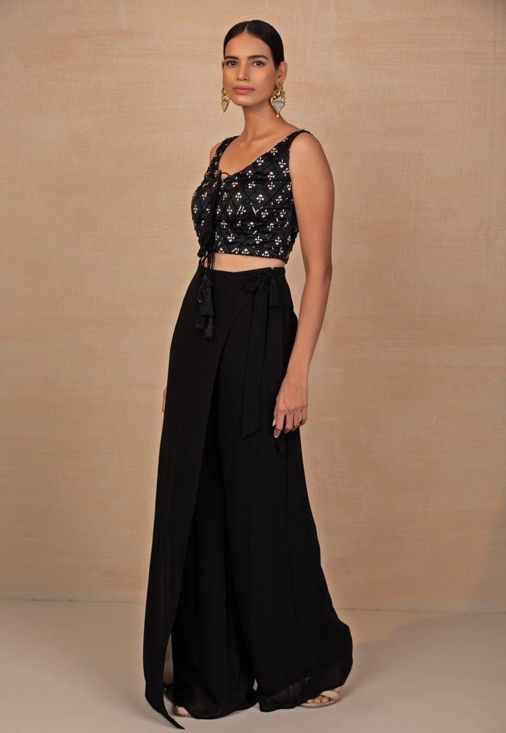 Black Printed Satin Top With Wrap Pants Esha Koul - Fabilicious Fashion