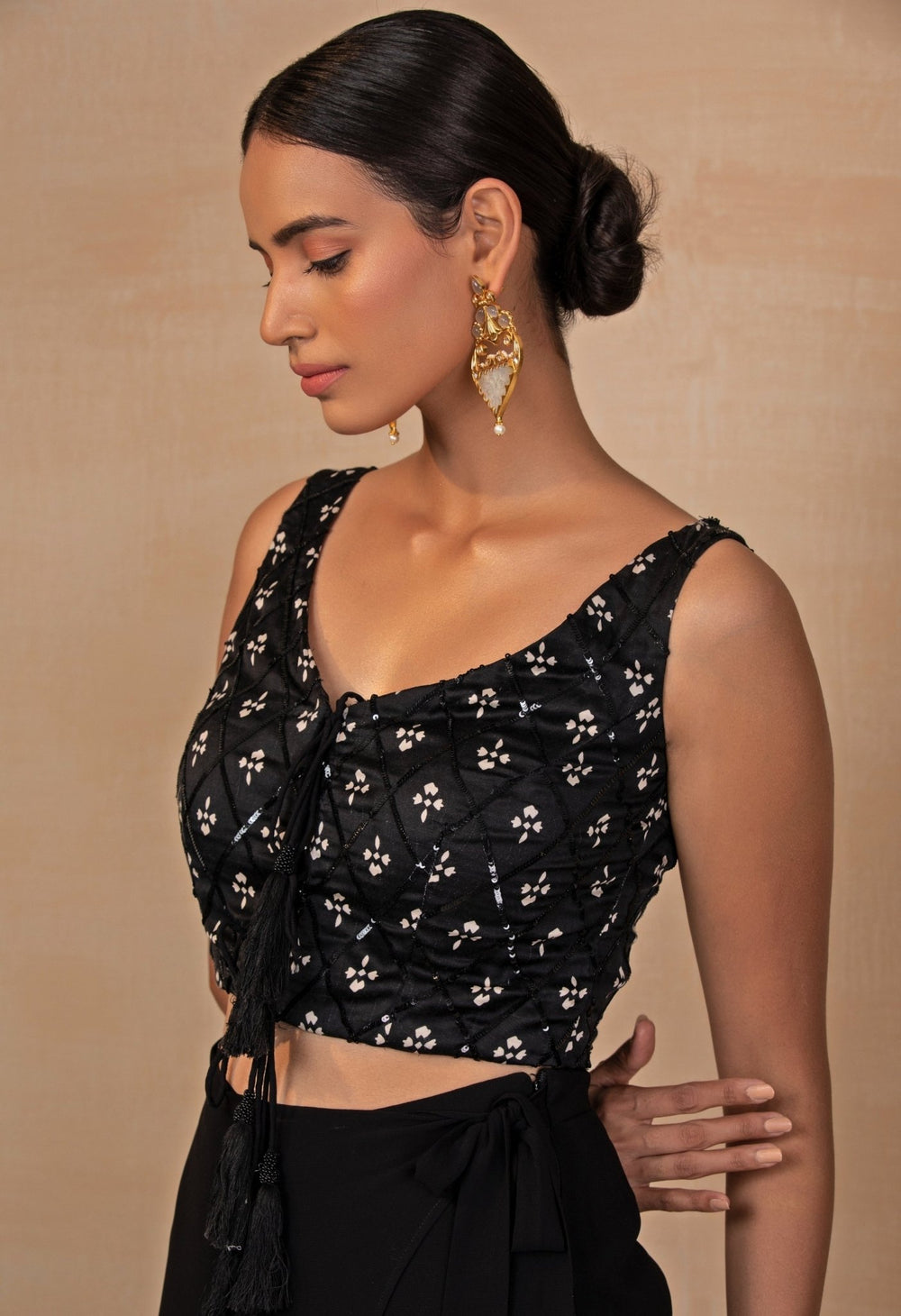 Black Printed Satin Top With Wrap Pants Esha Koul - Fabilicious Fashion