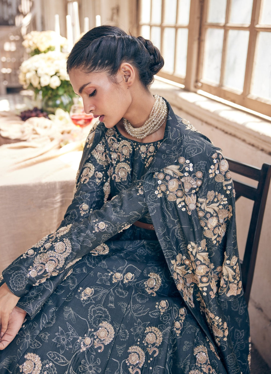 Black Printed Silk Anarkali With Jacket Paulmi and Harsh - Fabilicious Fashion