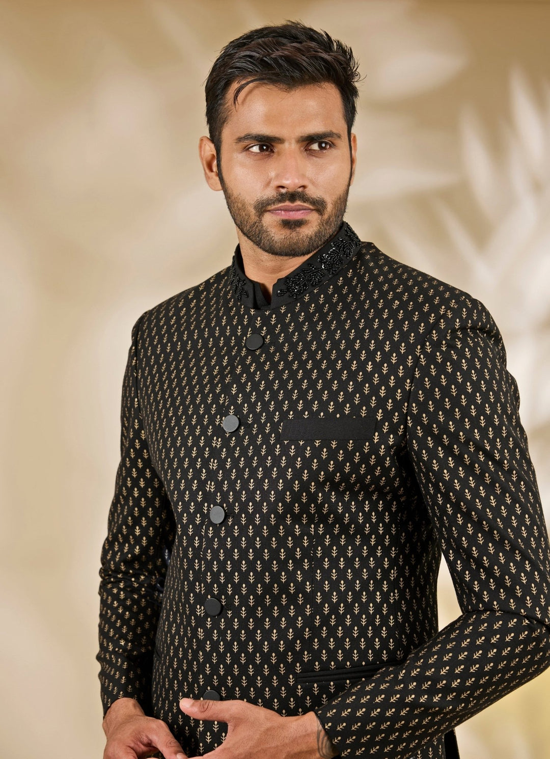 Manish Nagdeo Men Black Printed Silk Bandhgala SetFabilicious Fashion