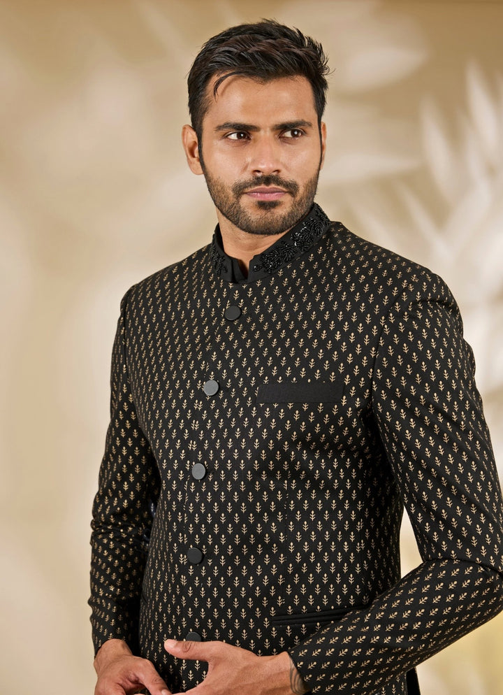 Manish Nagdeo Men Black Printed Silk Bandhgala SetFabilicious Fashion