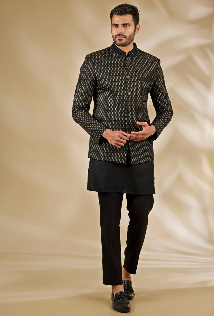 Manish Nagdeo Men Black Printed Silk Bandhgala SetFabilicious Fashion