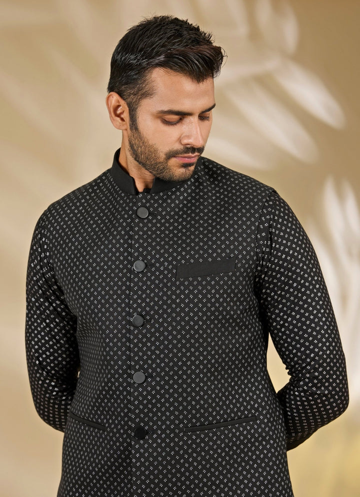 Manish Nagdeo Men Black Printed Silk Bundi SetFabilicious Fashion