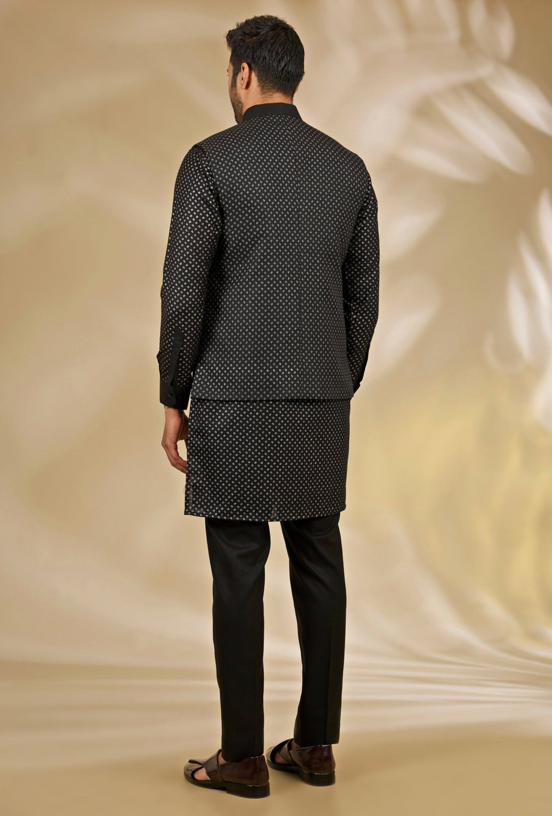 Manish Nagdeo Men Black Printed Silk Bundi SetFabilicious Fashion