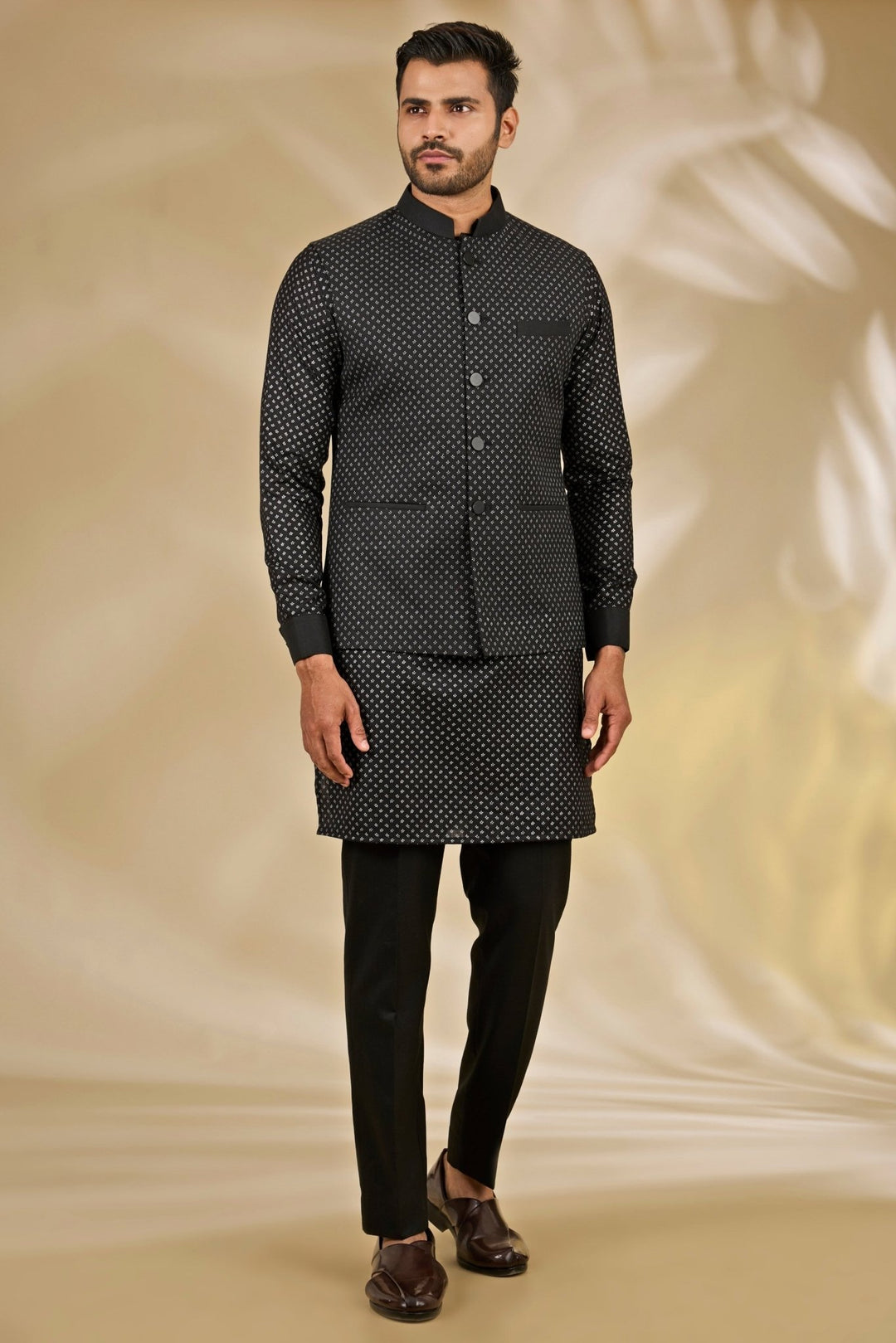 Black Printed Silk Bundi Set Manish Nagdeo - Fabilicious Fashion