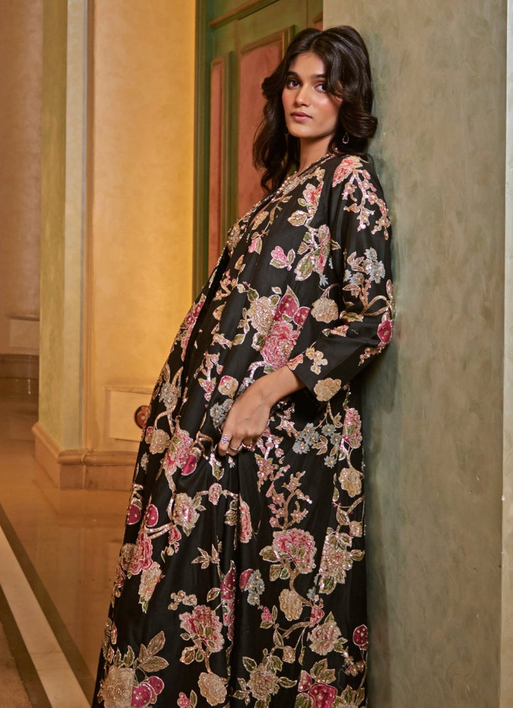 Black Printed Silk Jacket Palazzo Set Paulmi and Harsh - Fabilicious Fashion