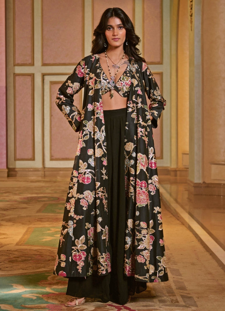Black Printed Silk Jacket Palazzo Set Paulmi and Harsh - Fabilicious Fashion