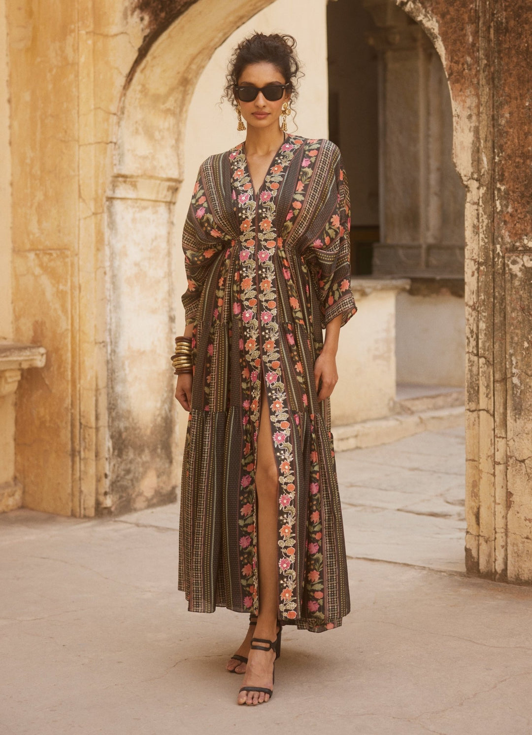 Black Printed Silk Kaftan Paulmi and Harsh - Fabilicious Fashion