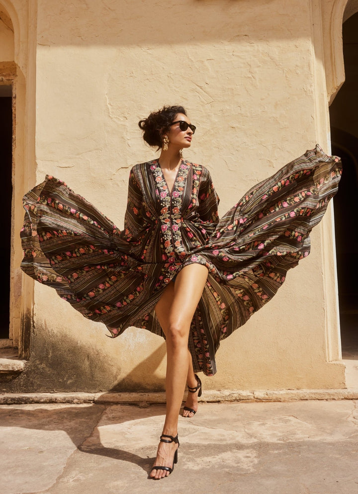 Black Printed Silk Kaftan Paulmi and Harsh - Fabilicious Fashion