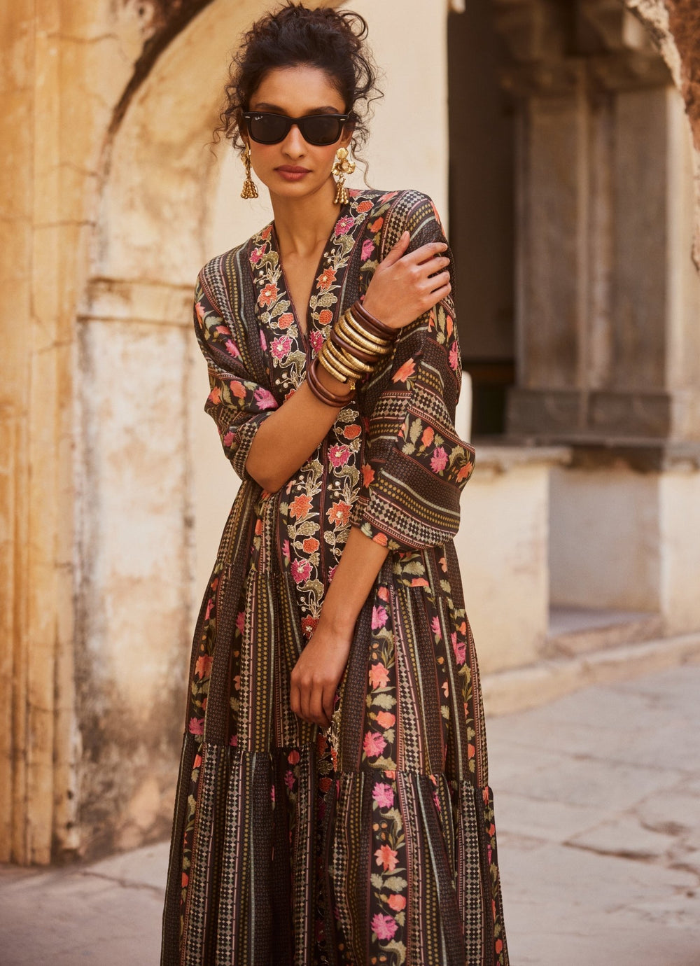 Black Printed Silk Kaftan Paulmi and Harsh - Fabilicious Fashion