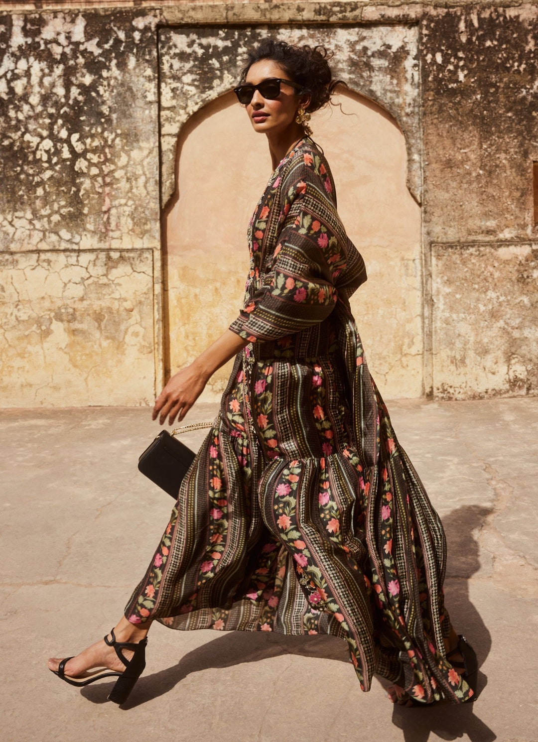 Black Printed Silk Kaftan Paulmi and Harsh - Fabilicious Fashion