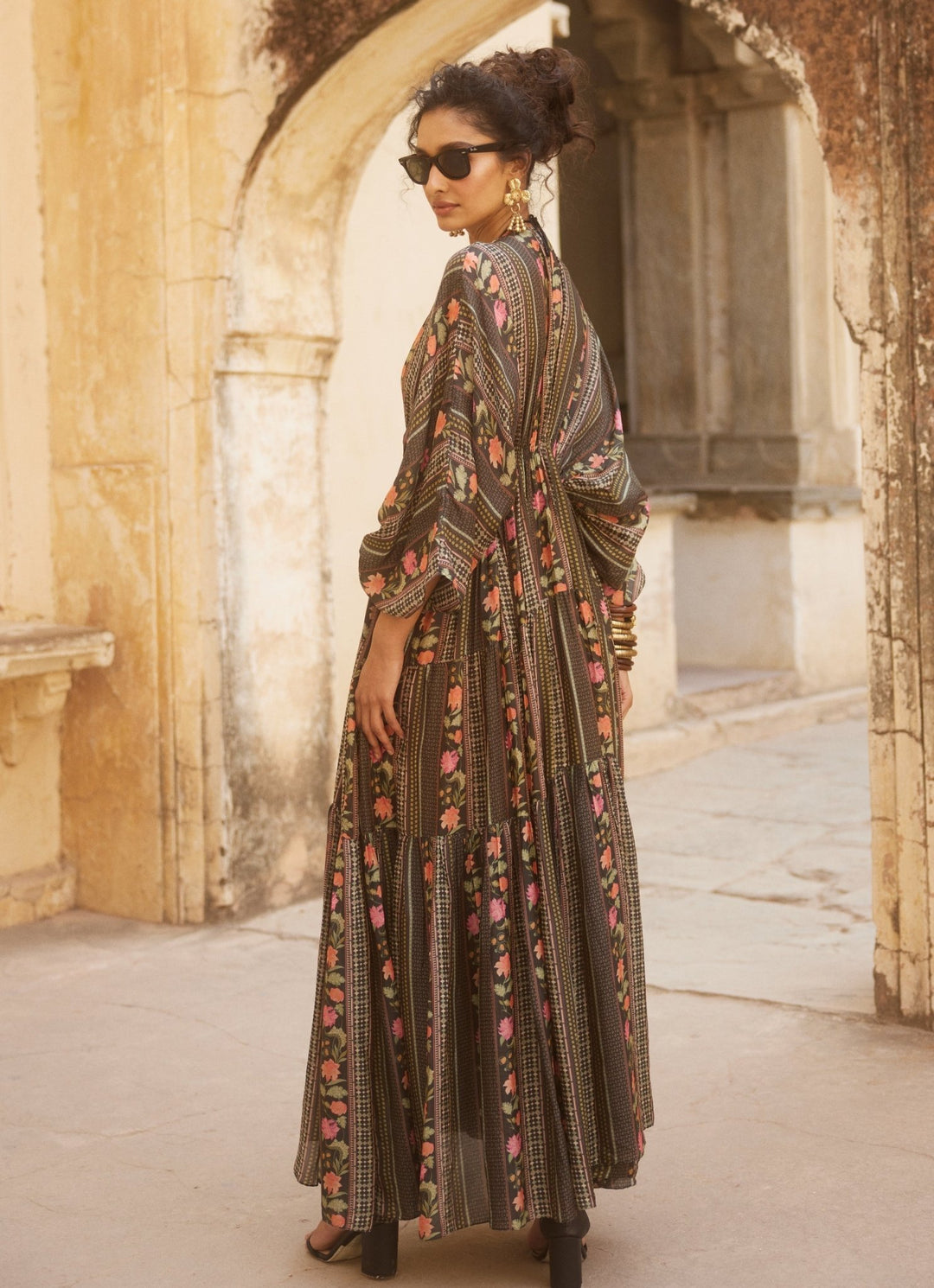 Black Printed Silk Kaftan Paulmi and Harsh - Fabilicious Fashion