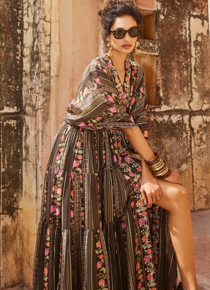 Black Printed Silk Kaftan Paulmi and Harsh - Fabilicious Fashion