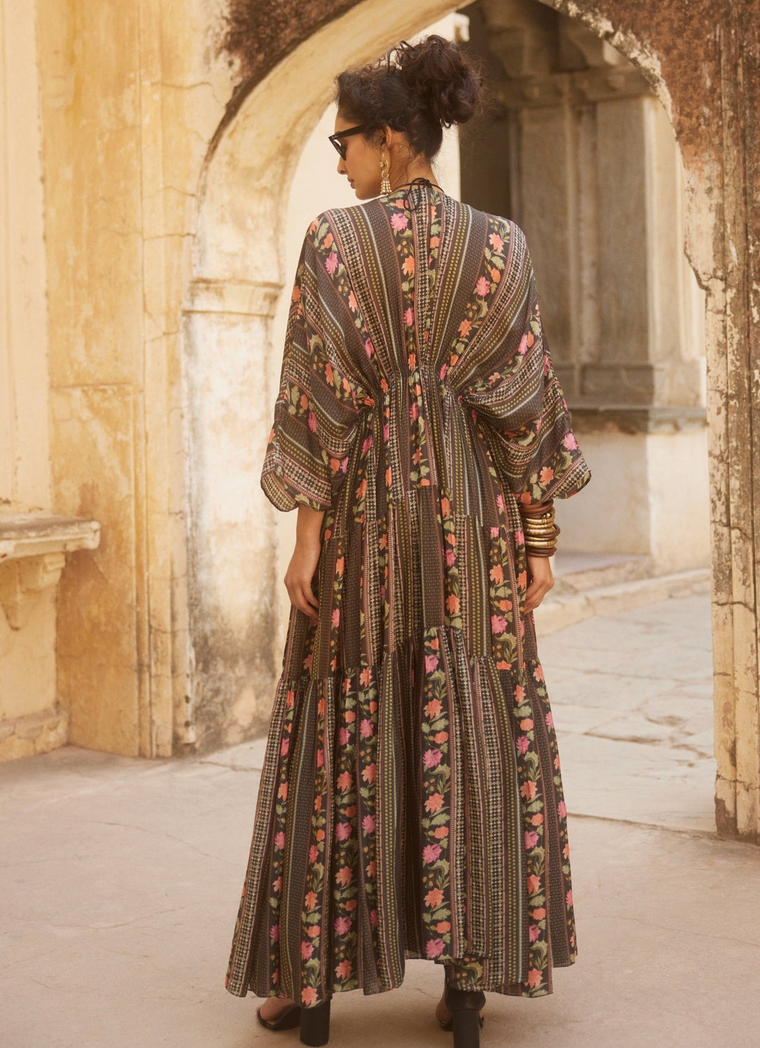 Black Printed Silk Kaftan Paulmi and Harsh - Fabilicious Fashion