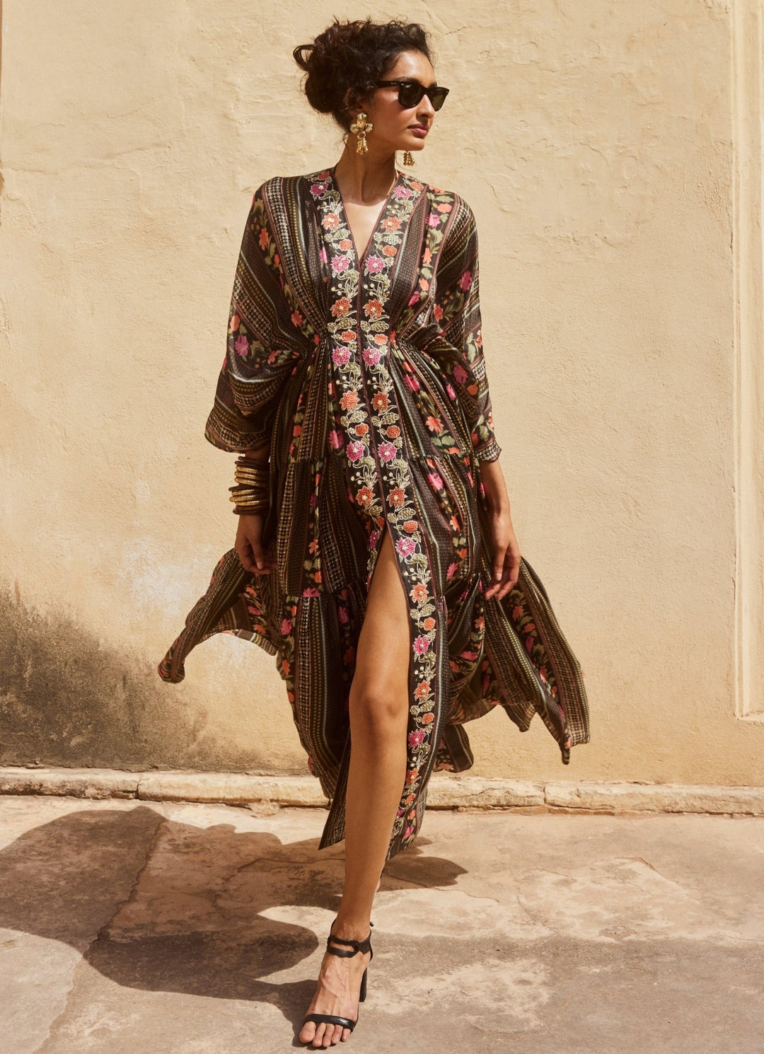 Black Printed Silk Kaftan Paulmi and Harsh - Fabilicious Fashion