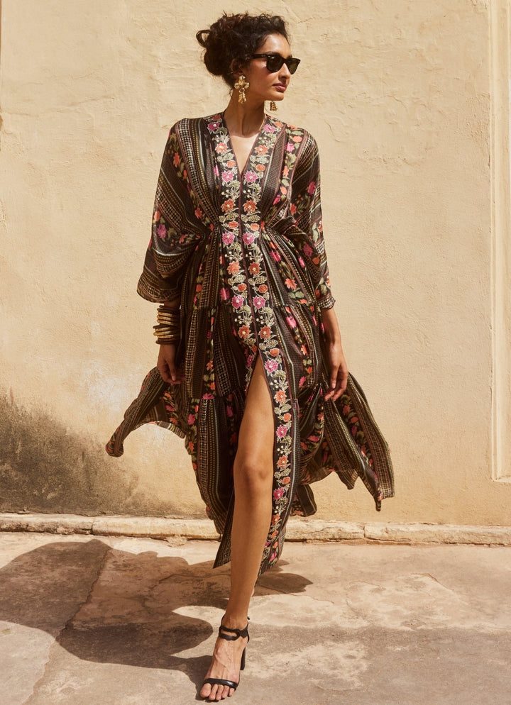 Black Printed Silk Kaftan Paulmi and Harsh - Fabilicious Fashion