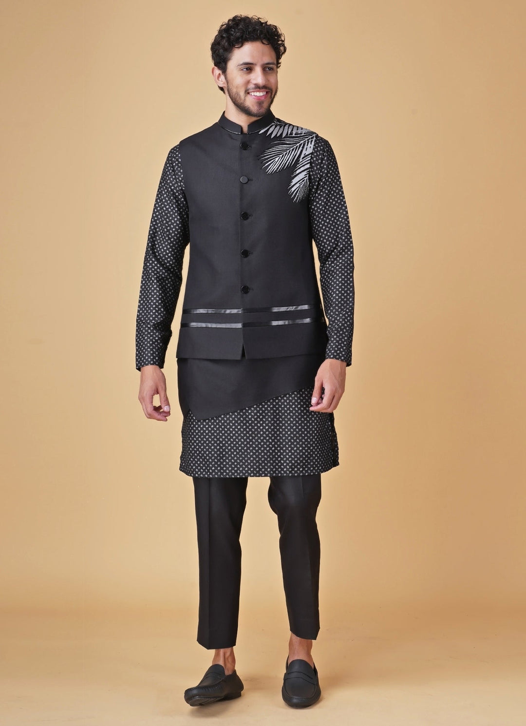 Black Printed Silk Kurta Jacket Set Manish Nagdeo Men - Fabilicious Fashion