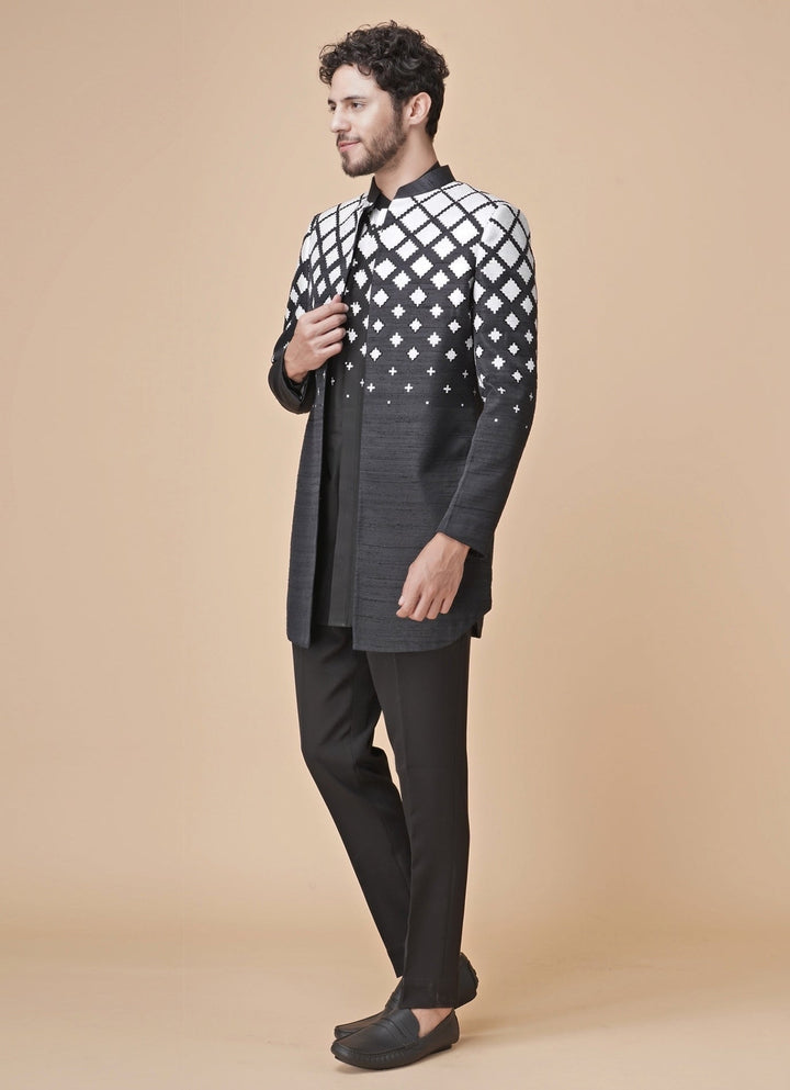 Black Printed Silk Kurta Pants Set with Jacket Manish Nagdeo Men - Fabilicious Fashion
