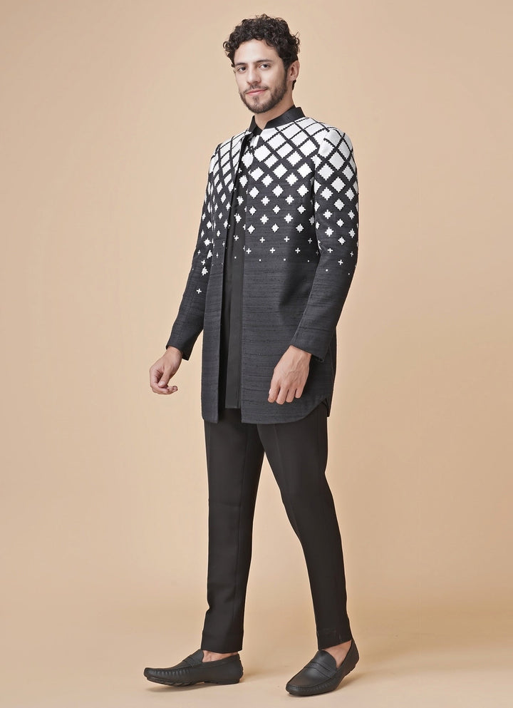 Black Printed Silk Kurta Pants Set with Jacket Manish Nagdeo Men - Fabilicious Fashion
