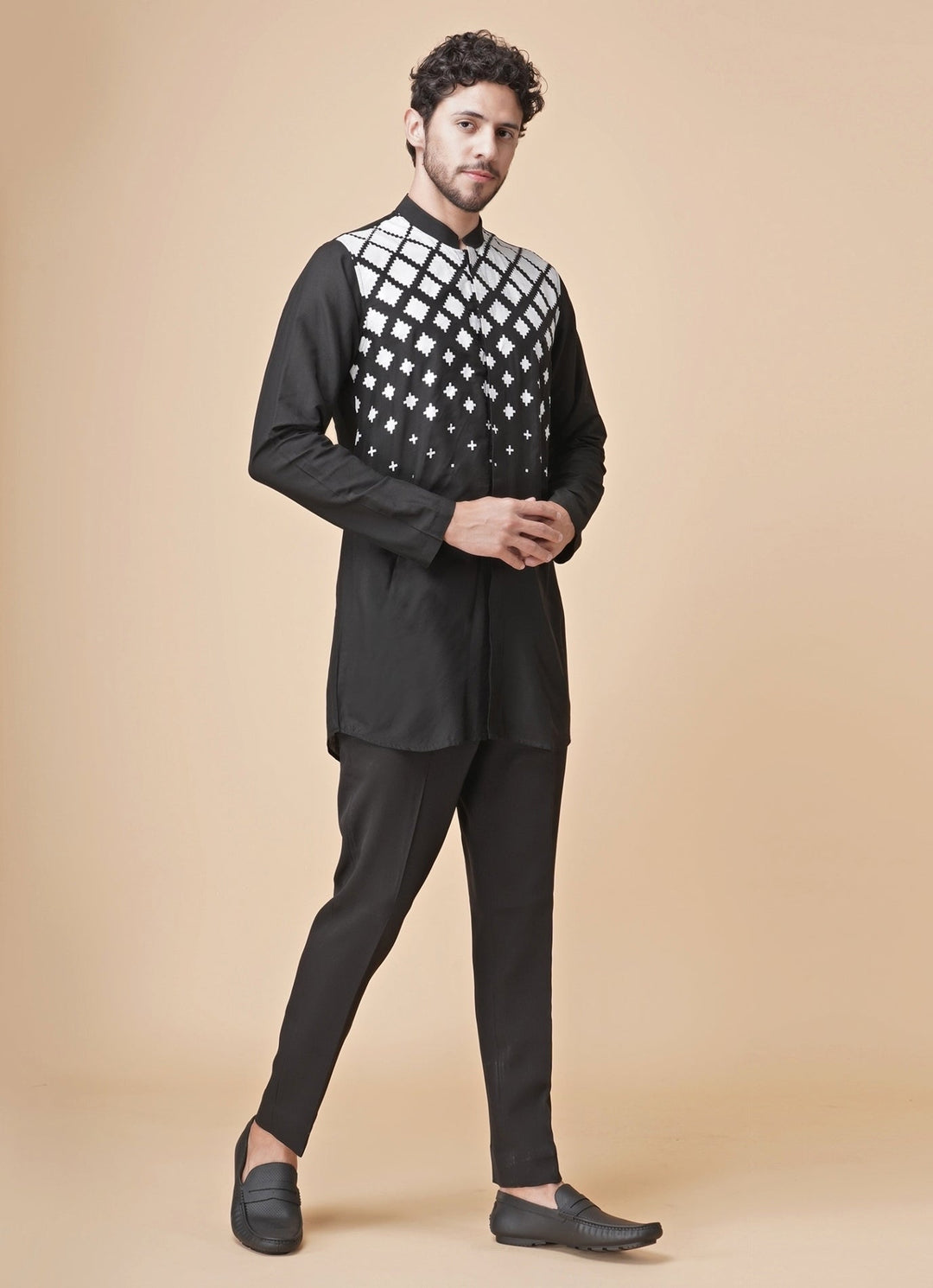 Black Printed Silk Kurta Pants Set with Jacket Manish Nagdeo Men - Fabilicious Fashion