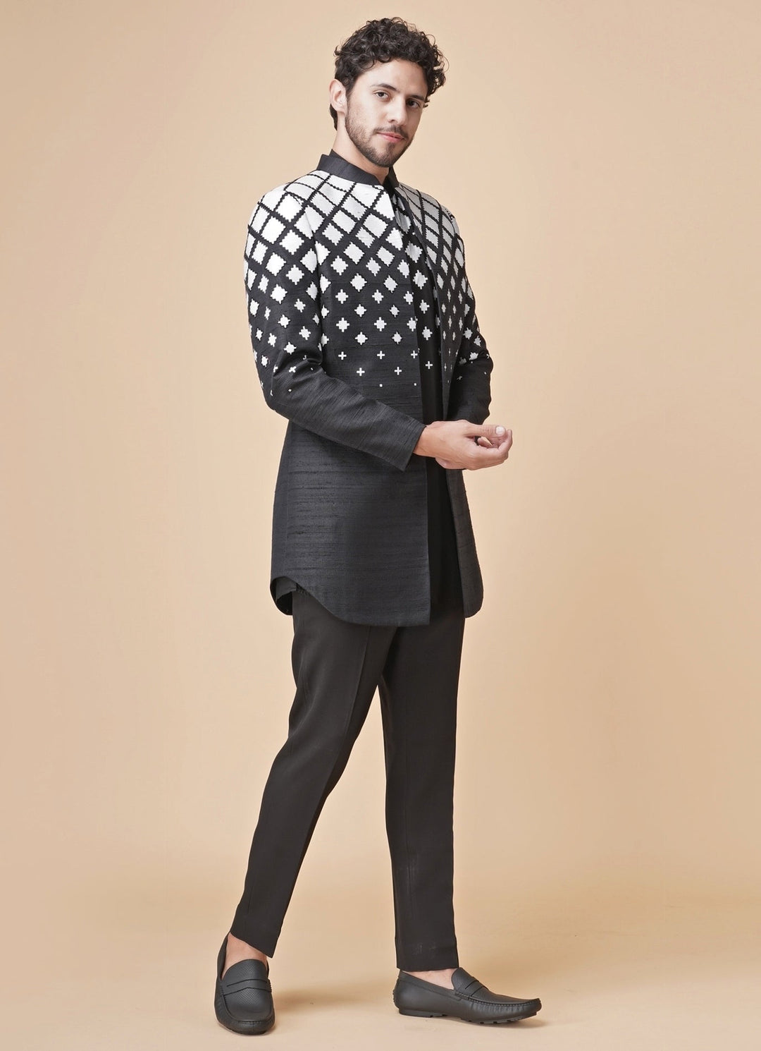 Black Printed Silk Kurta Pants Set with Jacket Manish Nagdeo Men - Fabilicious Fashion