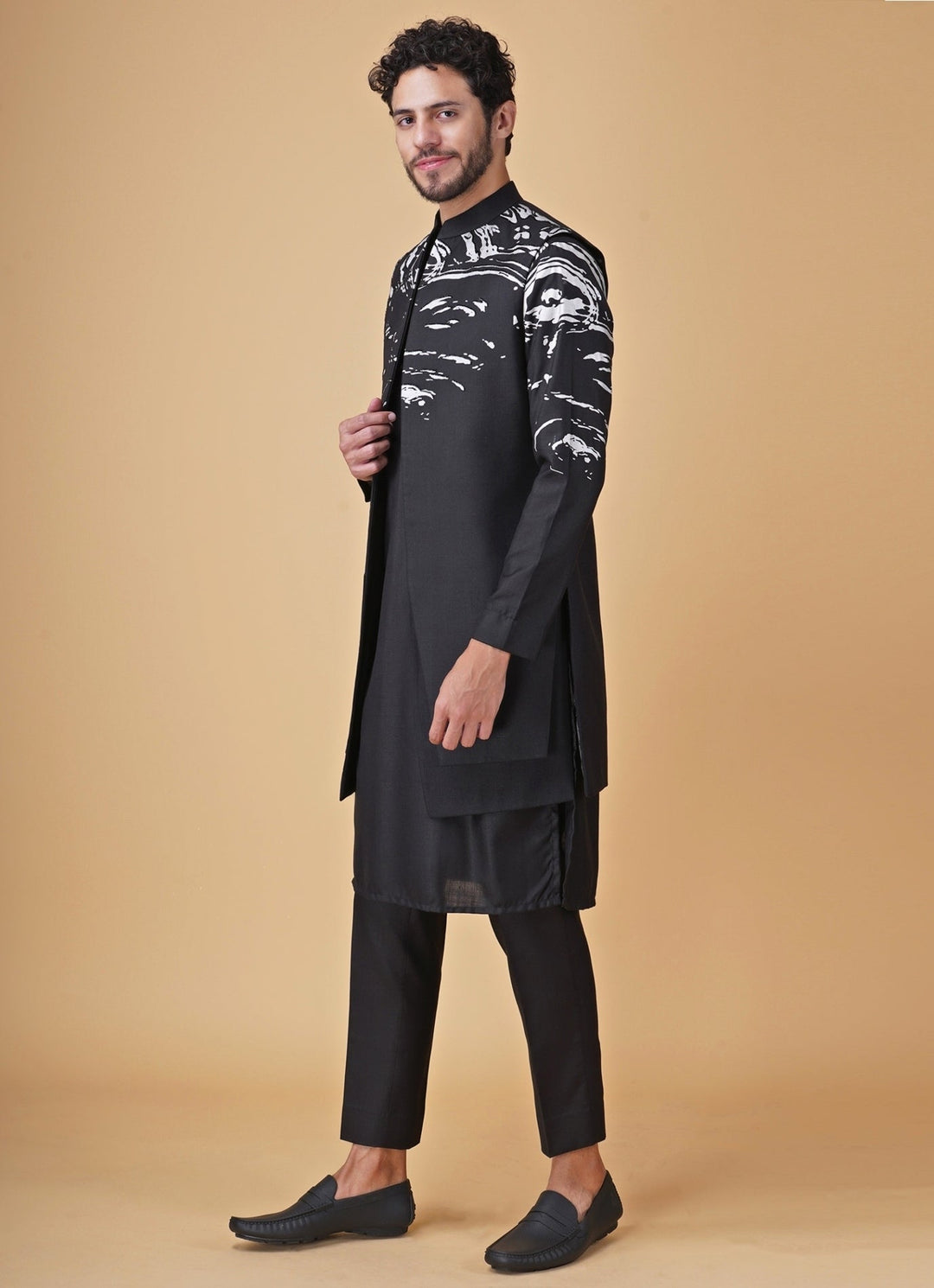 Black Printed Silk Kurta Set with Jacket Manish Nagdeo Men - Fabilicious Fashion