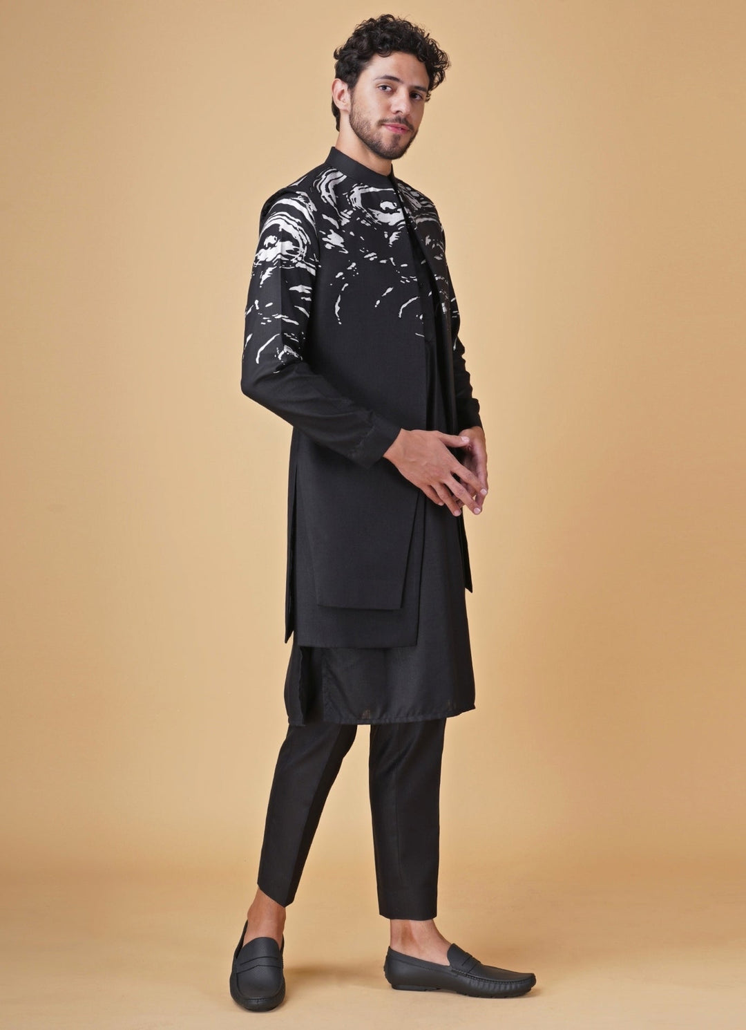 Black Printed Silk Kurta Set with Jacket Manish Nagdeo Men - Fabilicious Fashion