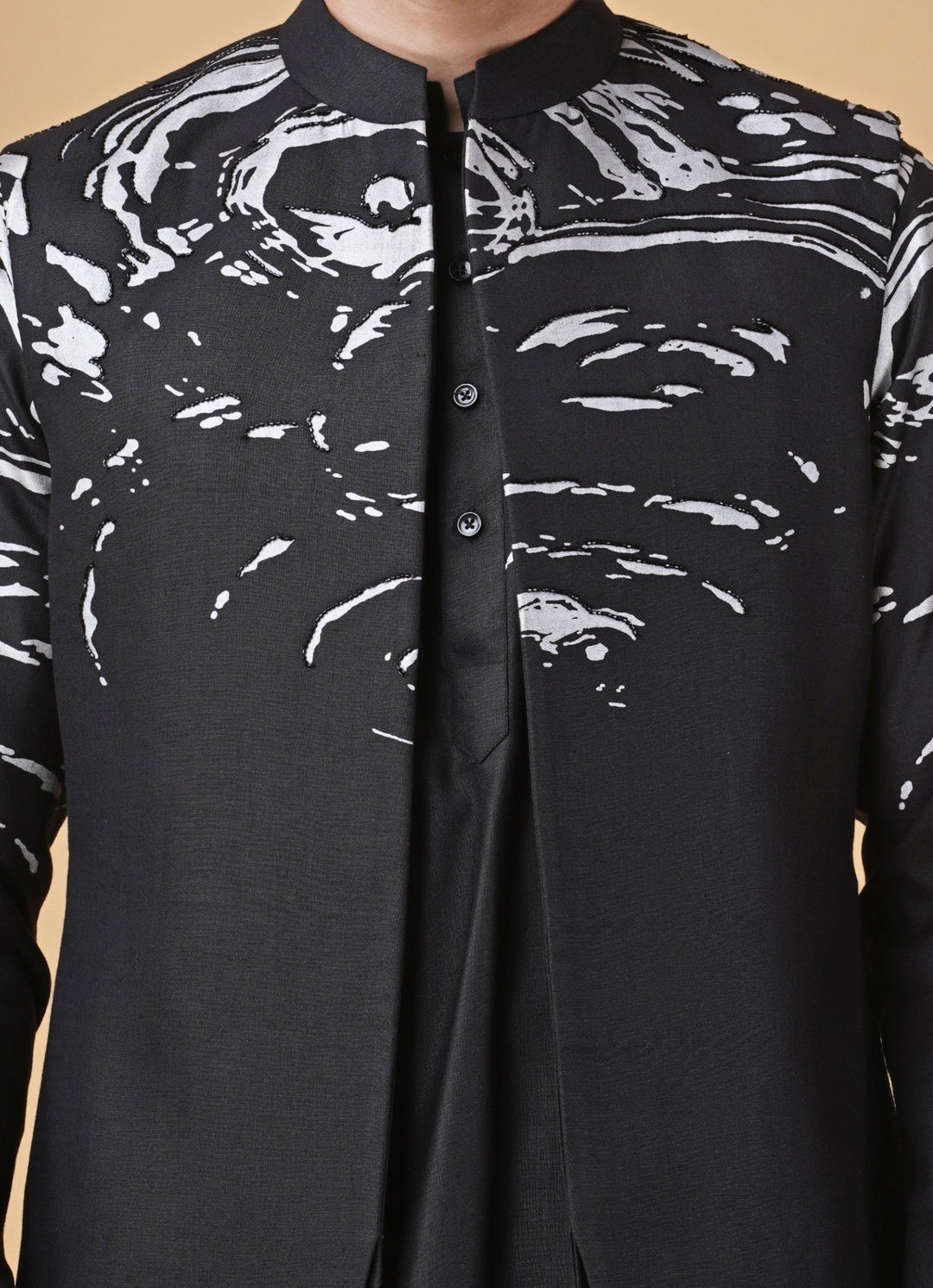 Black Printed Silk Kurta Set with Jacket Manish Nagdeo Men - Fabilicious Fashion