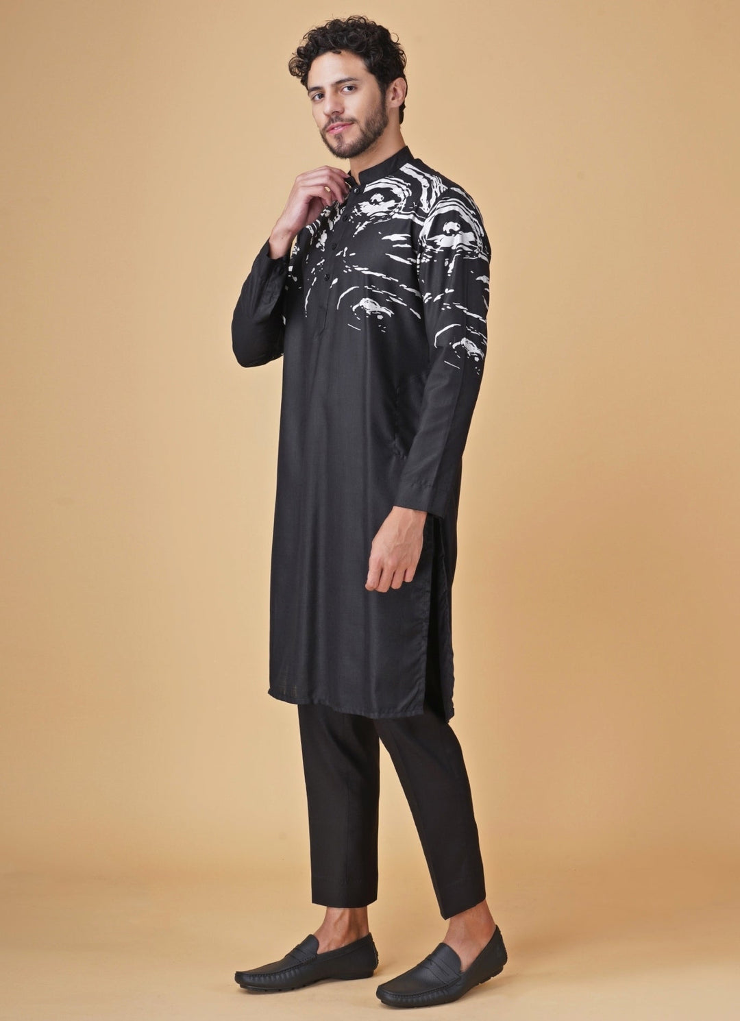 Black Printed Silk Kurta Set with Jacket Manish Nagdeo Men - Fabilicious Fashion