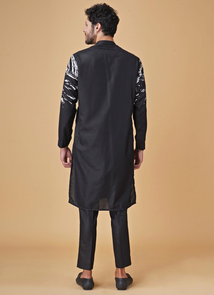 Black Printed Silk Kurta Set with Jacket Manish Nagdeo Men - Fabilicious Fashion