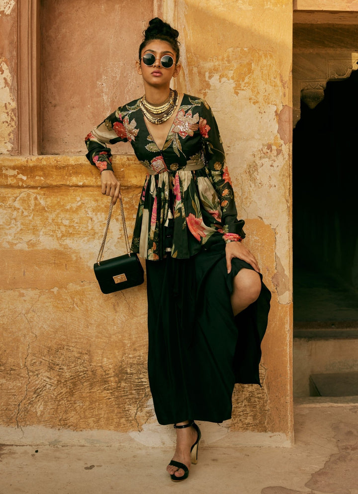 Black Printed Silk Peplum Kurta With Drape Skirt Paulmi and Harsh - Fabilicious Fashion