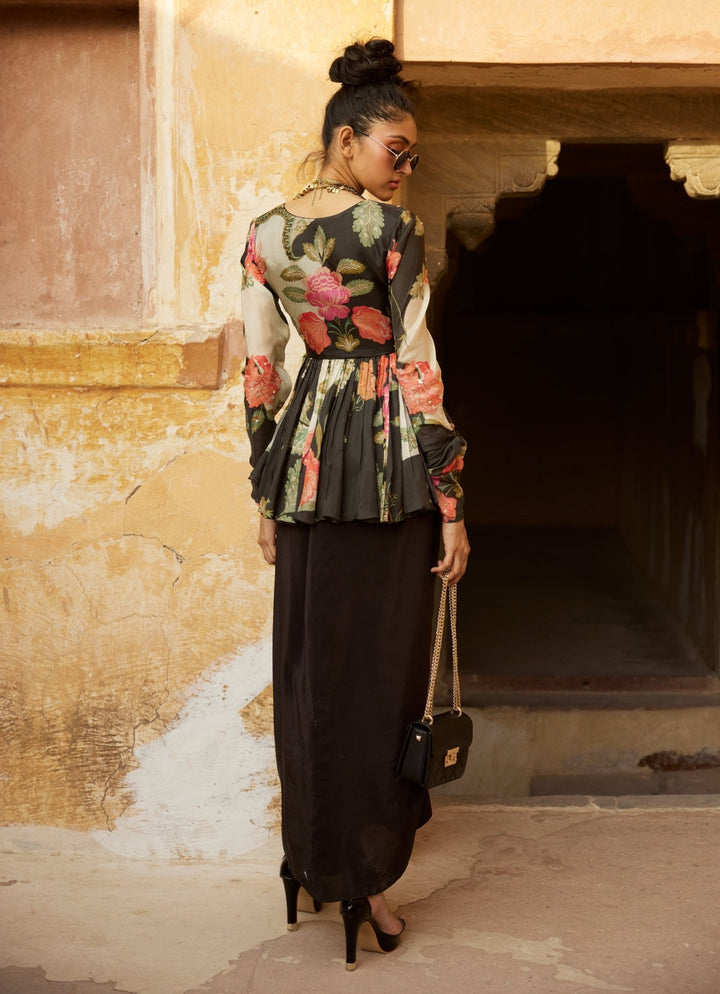 Black Printed Silk Peplum Kurta With Drape Skirt Paulmi and Harsh - Fabilicious Fashion