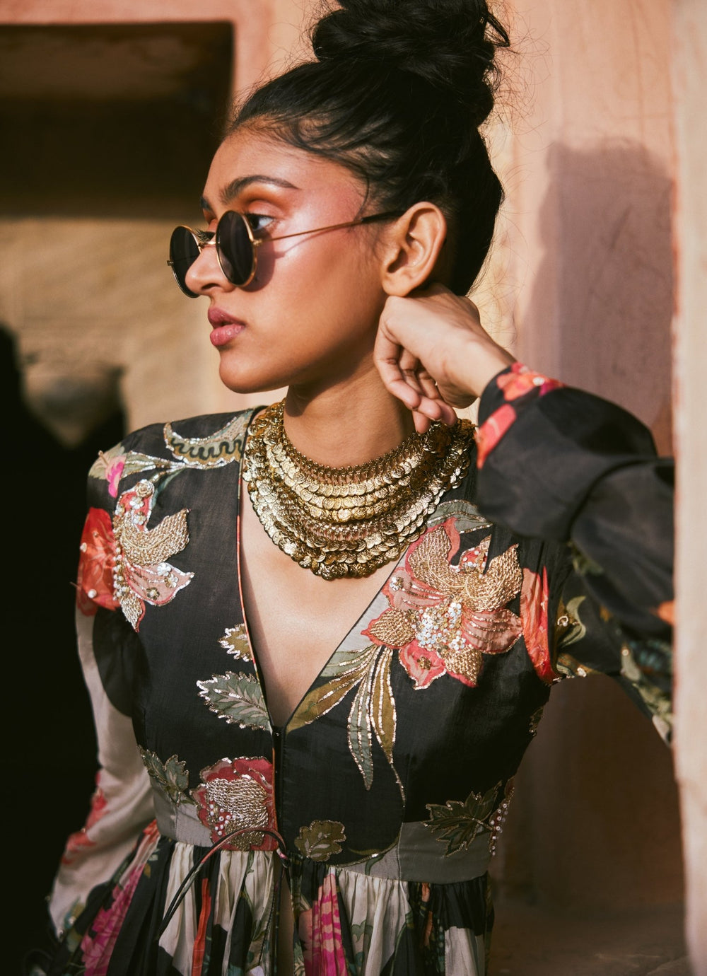 Black Printed Silk Peplum Kurta With Drape Skirt Paulmi and Harsh - Fabilicious Fashion