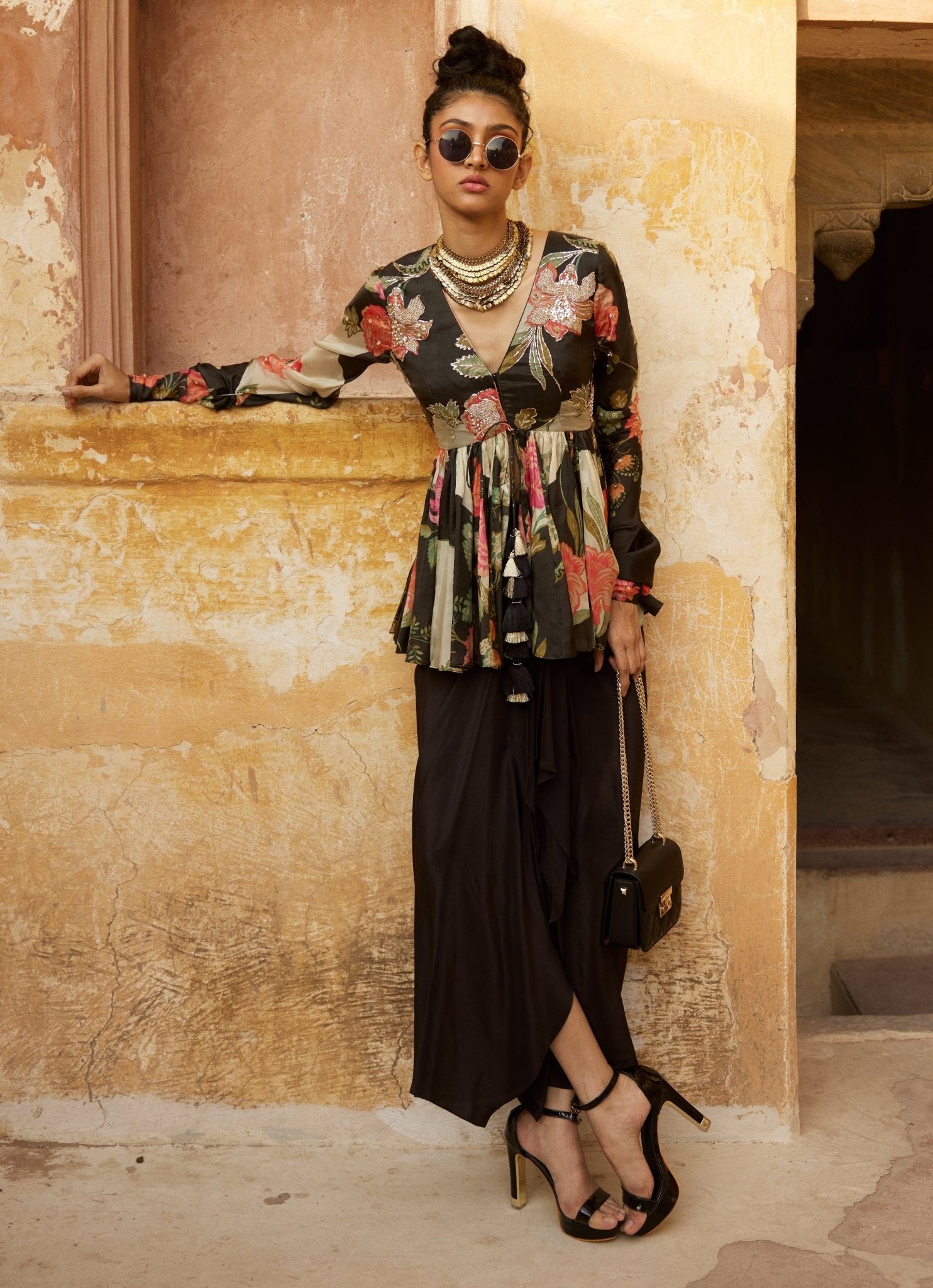Black printed silk peplum kurta with drape skirt for Indian wedding