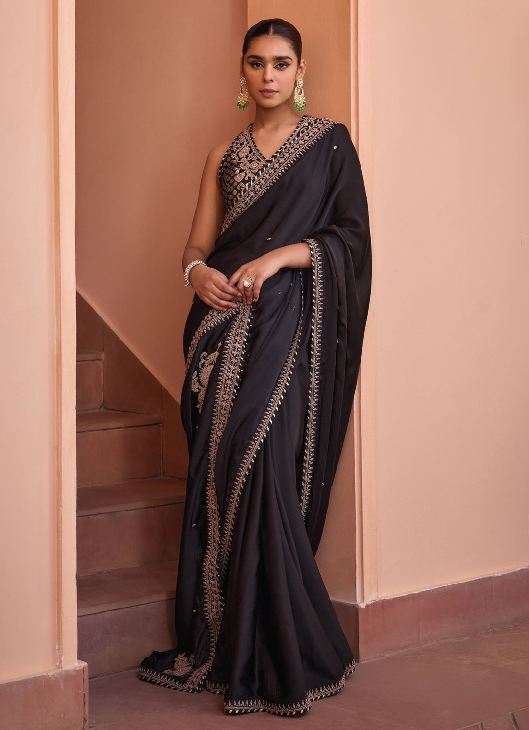 Black Pure Satin Embroidered Saree Set Isha Gupta Tayal - Fabilicious Fashion