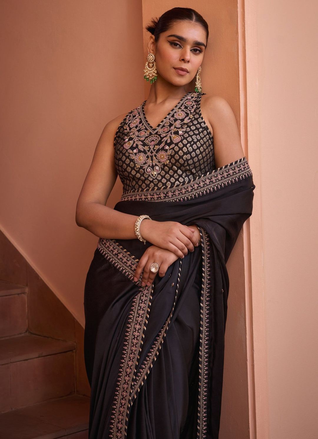 Black Pure Satin Embroidered Saree Set Isha Gupta Tayal - Fabilicious Fashion