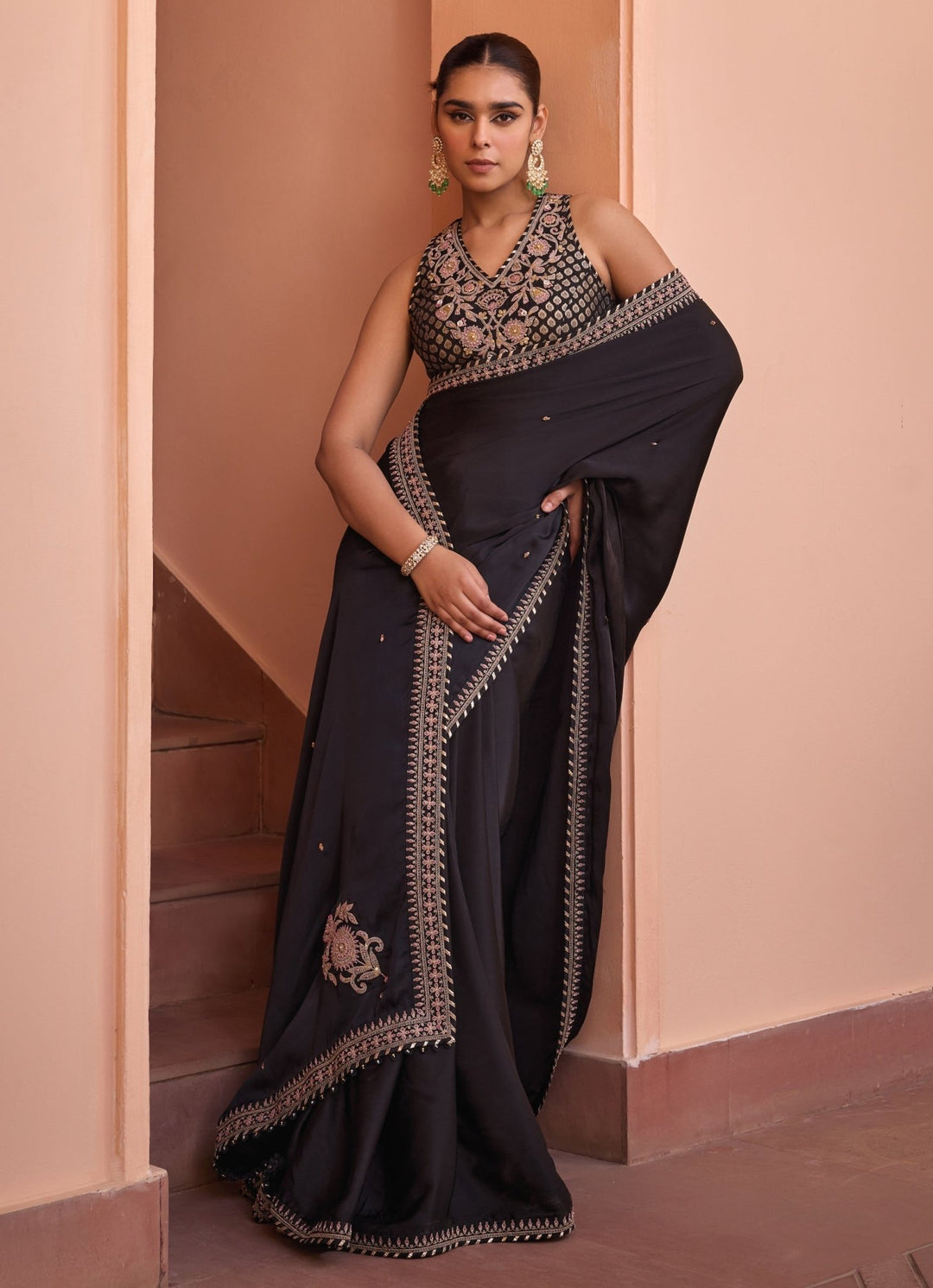 Black Pure Satin Embroidered Saree Set Isha Gupta Tayal - Fabilicious Fashion