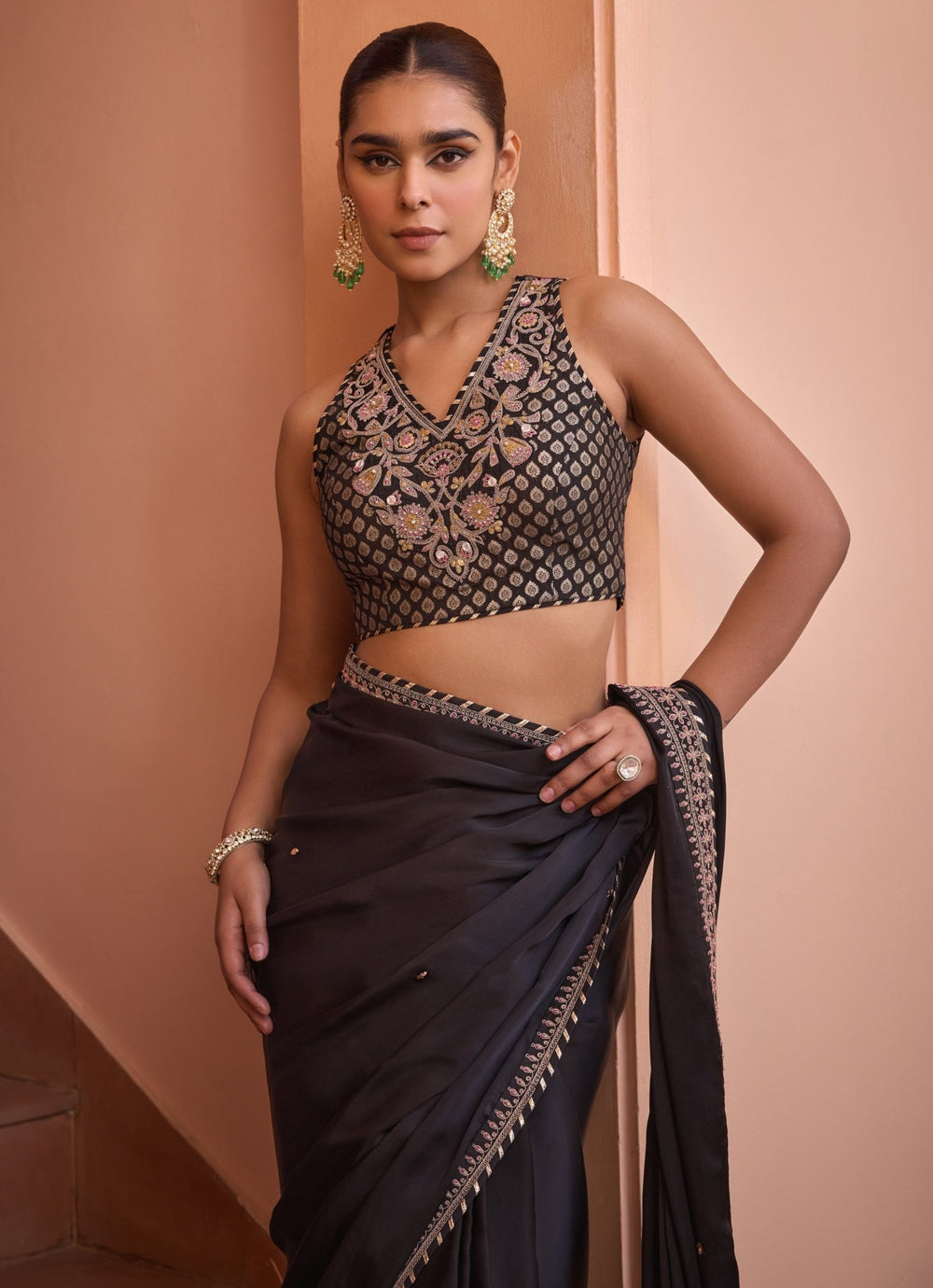 Black Pure Satin Embroidered Saree Set Isha Gupta Tayal - Fabilicious Fashion