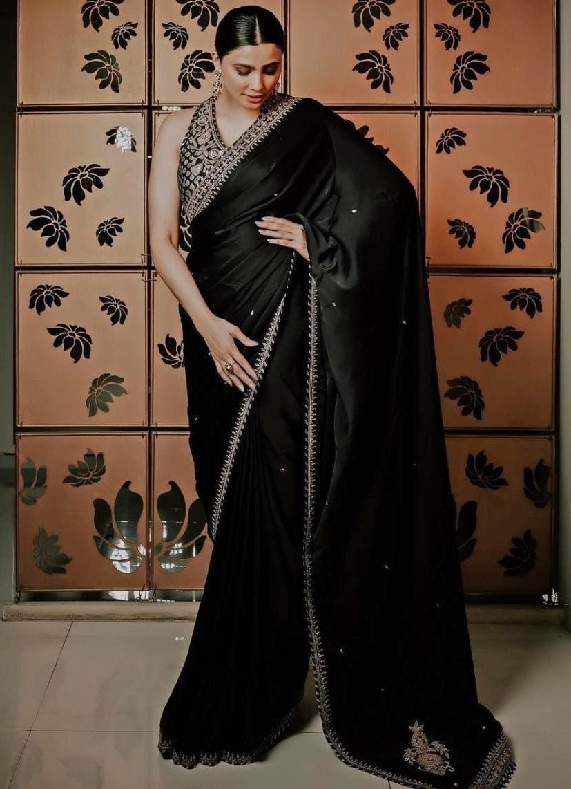 Black Pure Satin Embroidered Saree Set Isha Gupta Tayal - Fabilicious Fashion