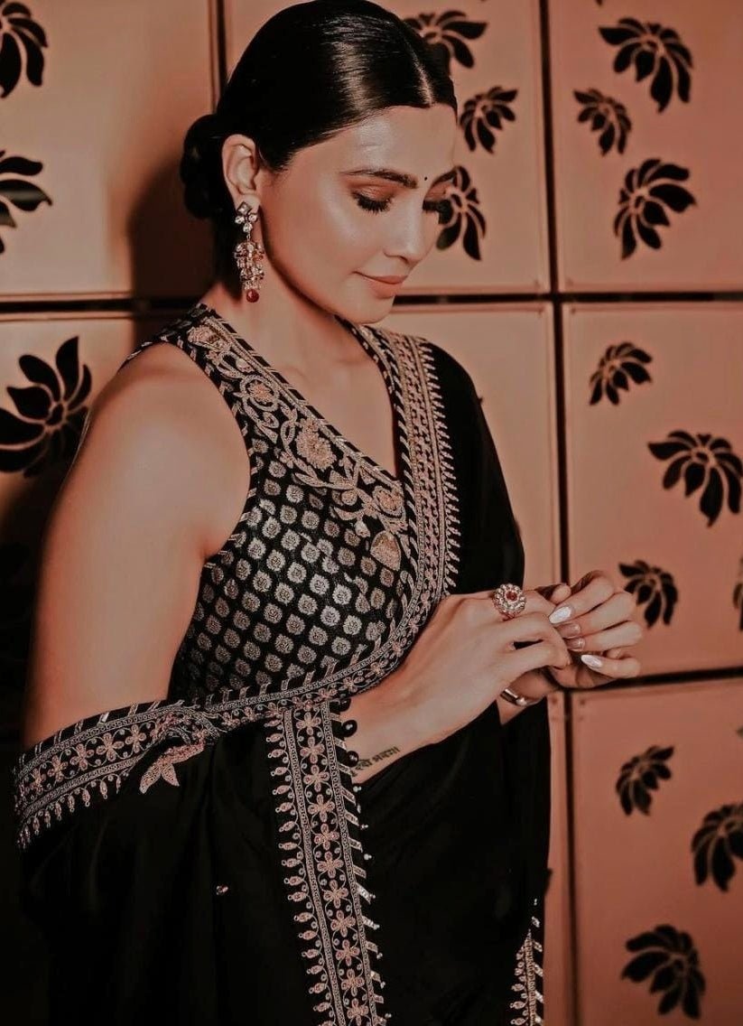 Black Pure Satin Embroidered Saree Set Isha Gupta Tayal - Fabilicious Fashion