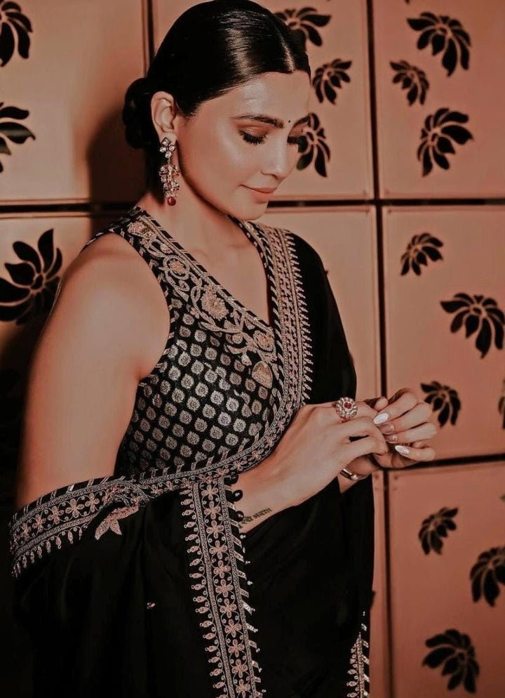 Black Pure Satin Embroidered Saree Set Isha Gupta Tayal - Fabilicious Fashion
