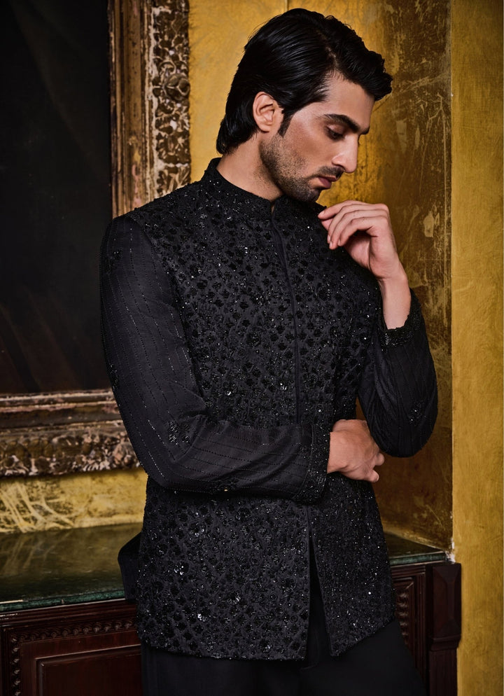 Black Raw Silk Jodhpuri Set Nitika Gujral - Men - Fabilicious Fashion